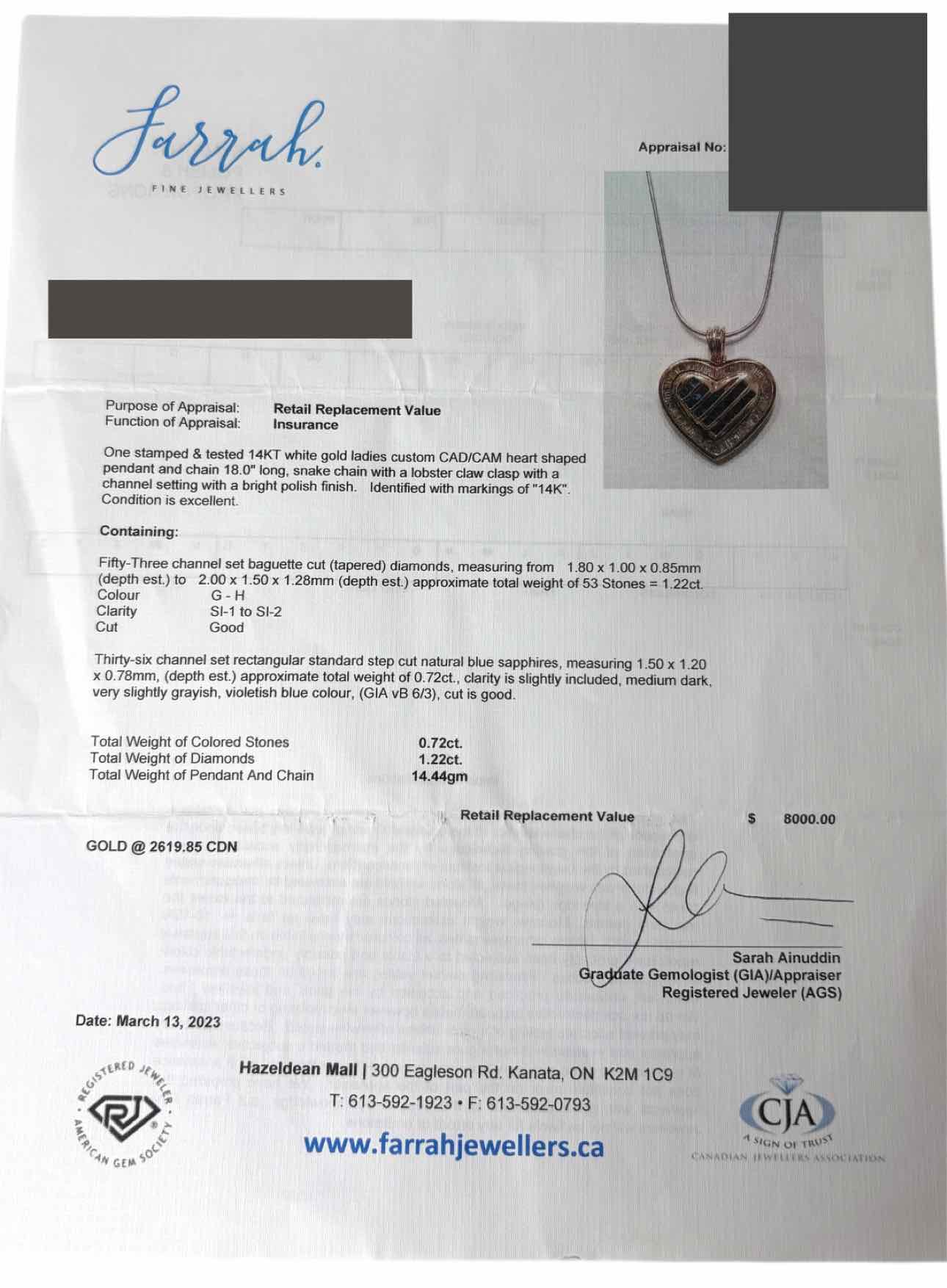 14K White Gold Necklace with Sapphire and Diamond Heart Pendant - Image 4