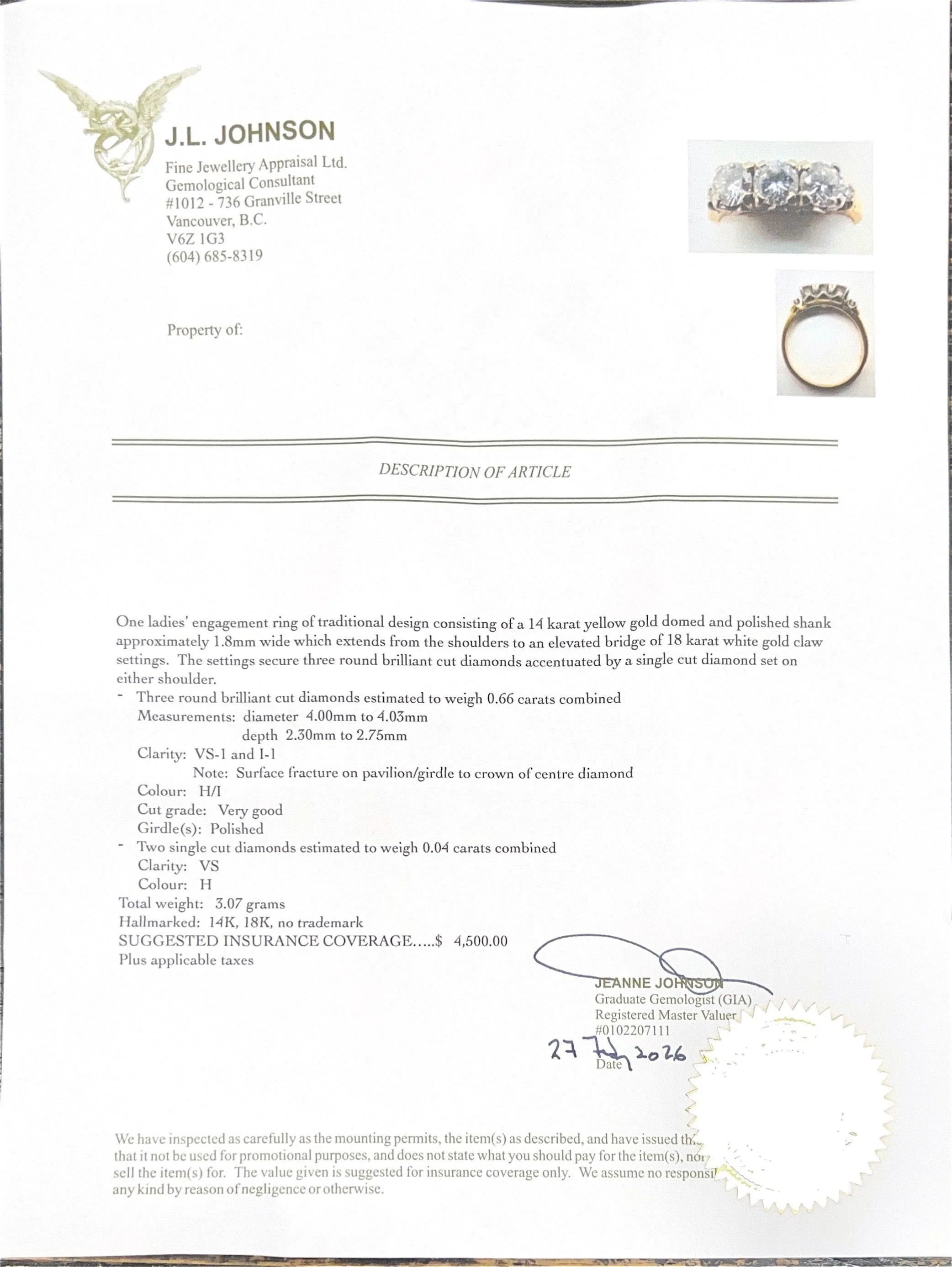 14K Yellow Gold & 18K White Gold Trio Diamond Size 6.5 Ring - Image 3