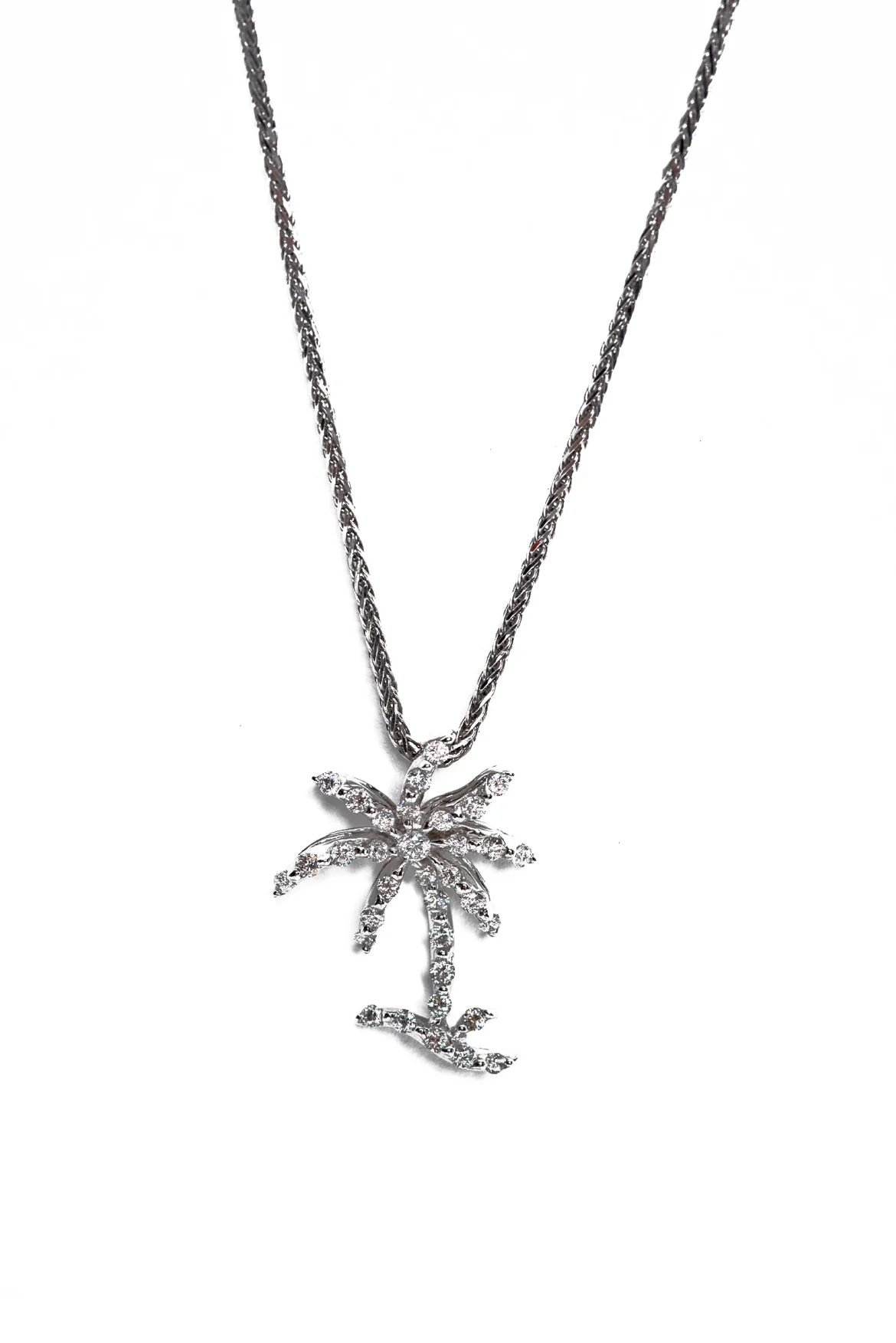 18K White Gold Diamond Palm Tree Pendant & 14K Chain Necklace