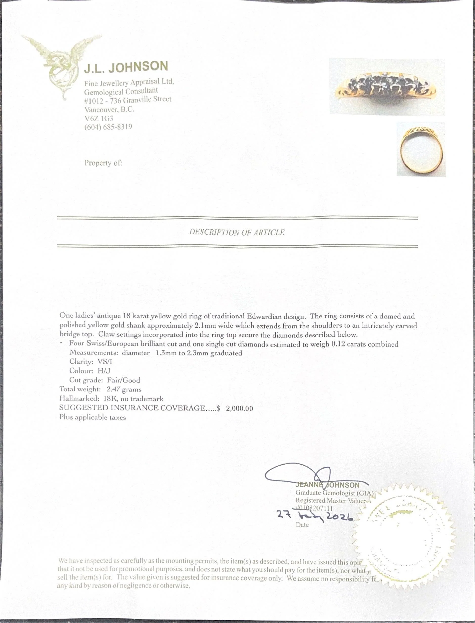 18K Yellow Gold Edwardian Design Diamond Size 7.5 Ring - Image 2