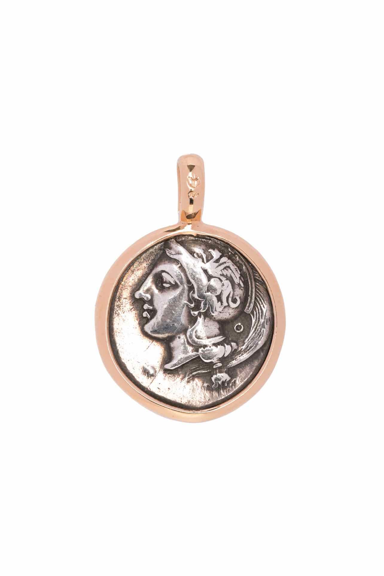 18k Yellow Gold Rim Roman Silver Coin Pendant - Image 2