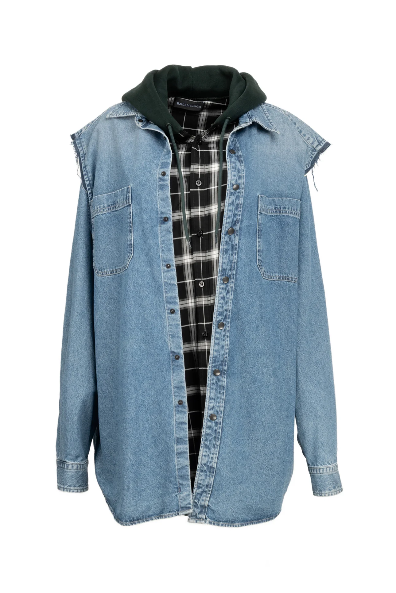 Balenciaga Size 39 Men's 2018 2pc Twinset Denim & Check Hooded Layered Jacket
