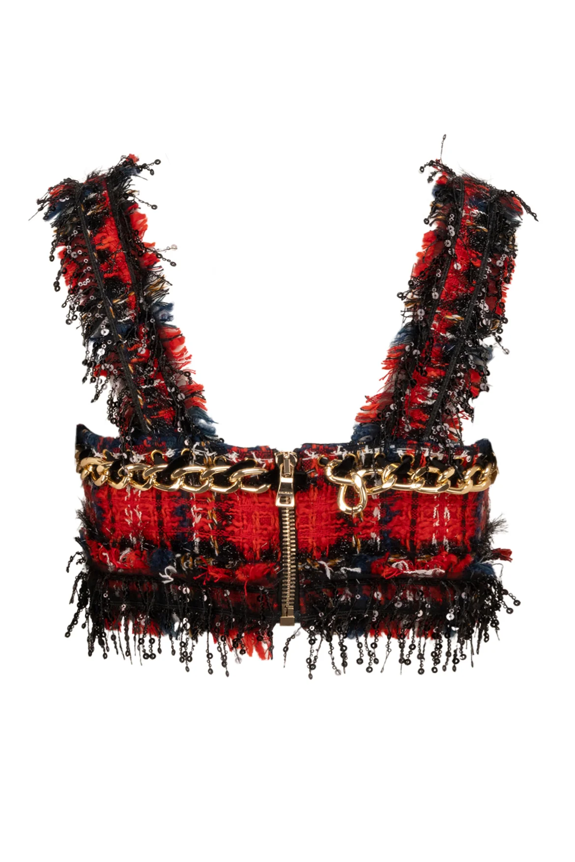 Balmain Size 39 Frayed Check Tweed & Chain Bra Top - Image 2