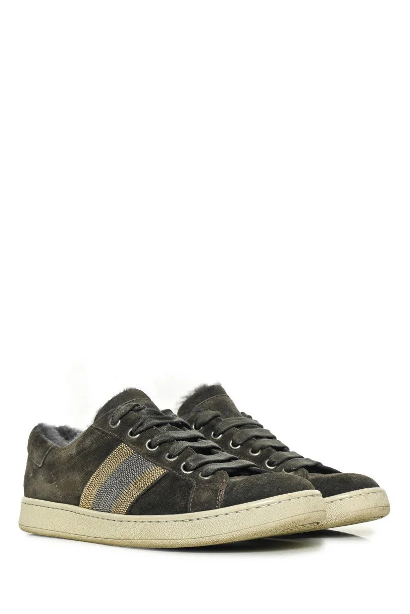 Brunello Cucinelli Size 36 Monili Bead & Fur Lined Suede Low Top Sneaker - Image 2