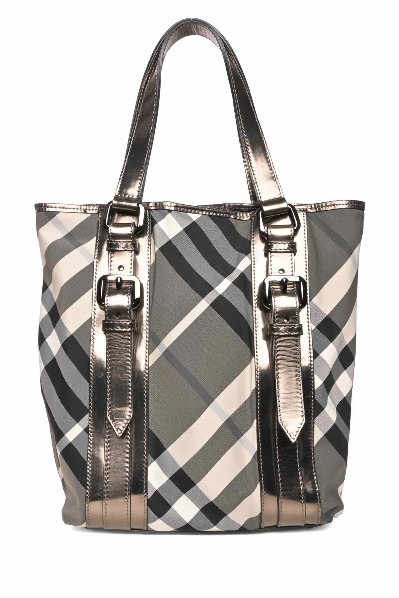 Burberry Beat Check Nylon & Metallic Patent Leather Victoria Tote