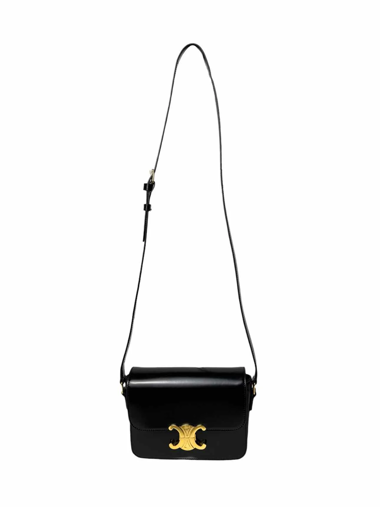 Celine Black Teen Shiny Calfskin Triomphe Flap Purse - Image 6