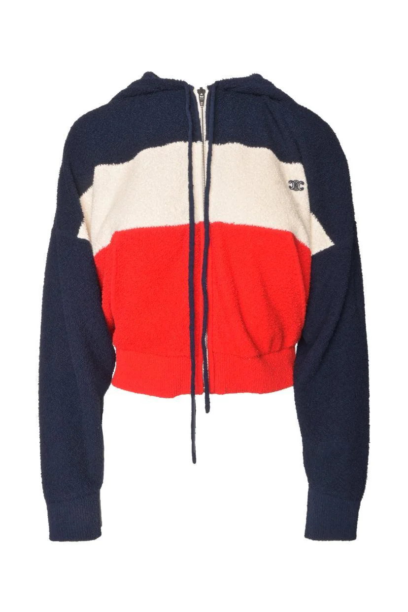 Celine Size S Triomphe Embroidered Tricolor Pile Zip Up Hoodie