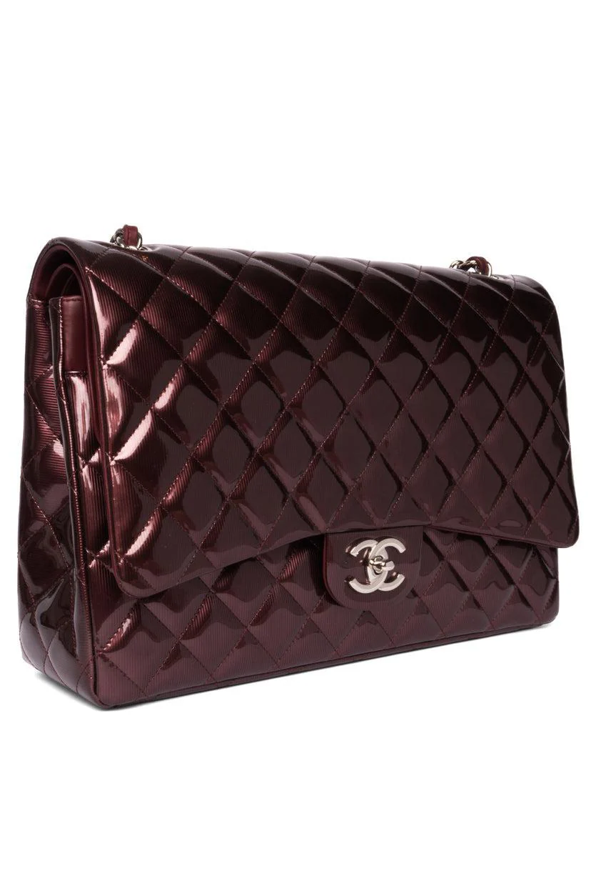 Chanel 2012 Striated Metallic Patent Leather Double Flap Maxi Shoulder Bag - Image 2