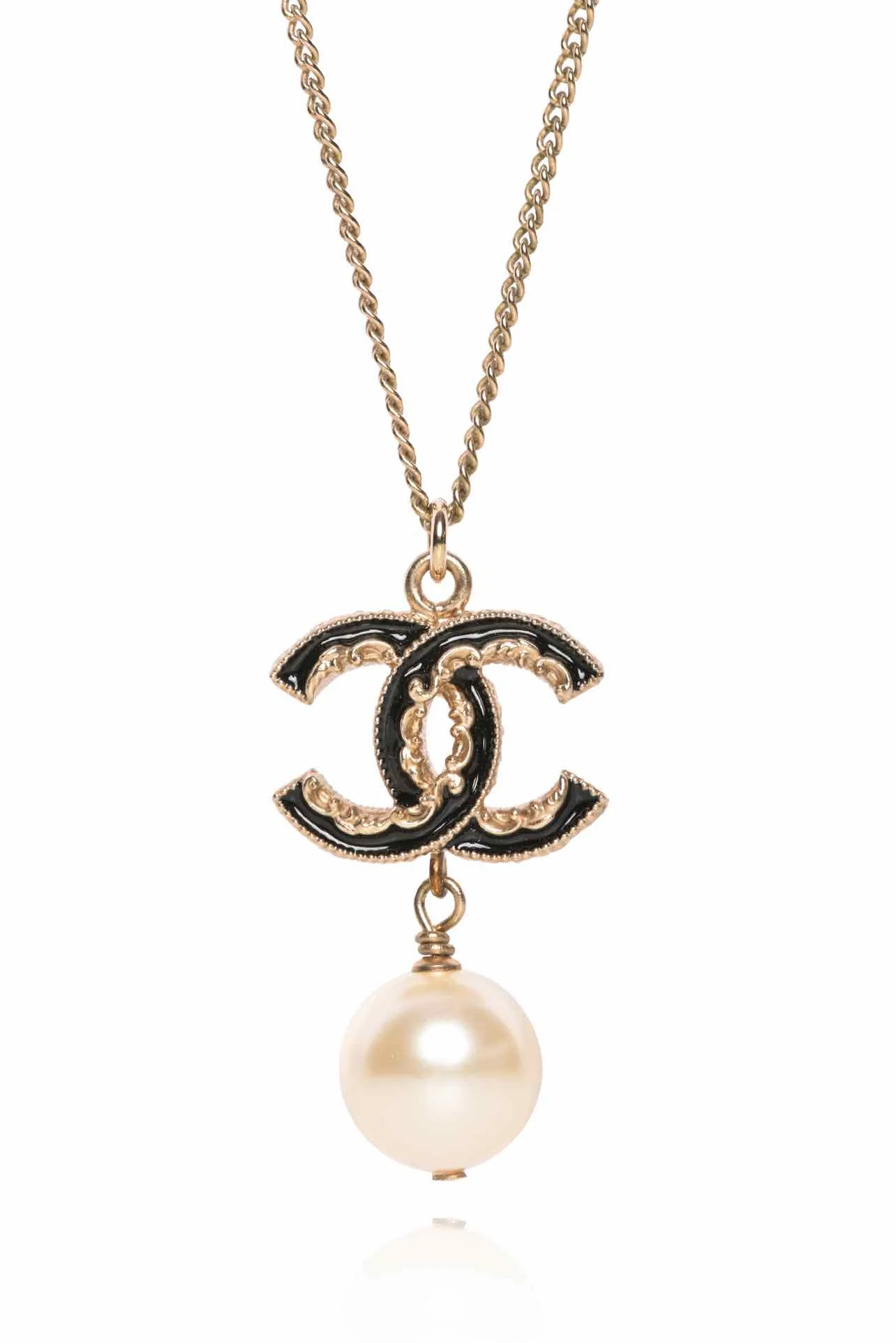 Chanel 2014 Enamel CC Logo & Faux Pearl Bead Drop Necklace