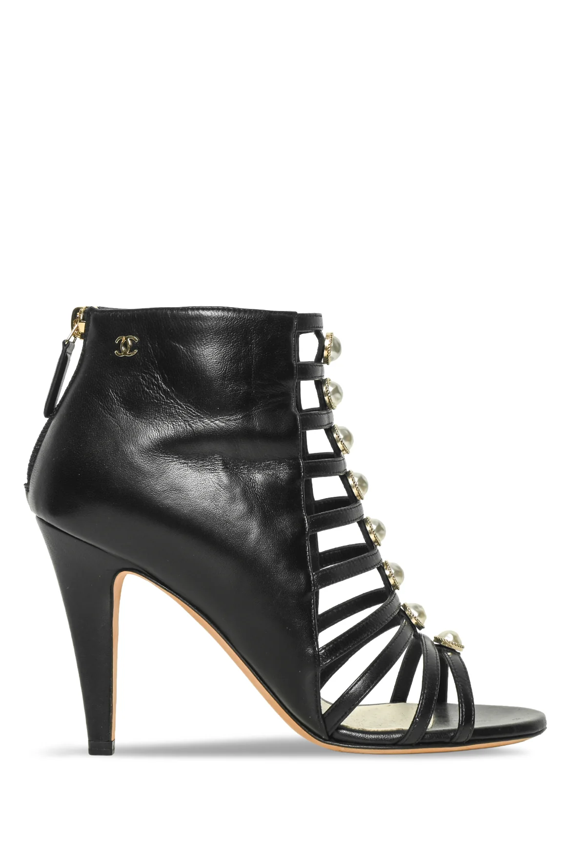 Chanel Size 36.5 Caged Faux Pearl CC Logo Leather Sandals
