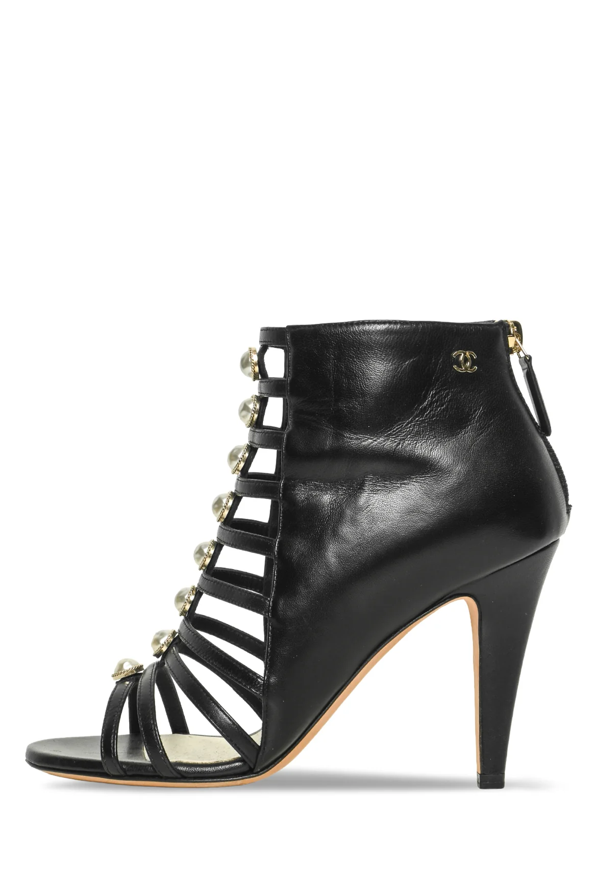 Chanel Size 36.5 Caged Faux Pearl CC Logo Leather Sandals - Image 3