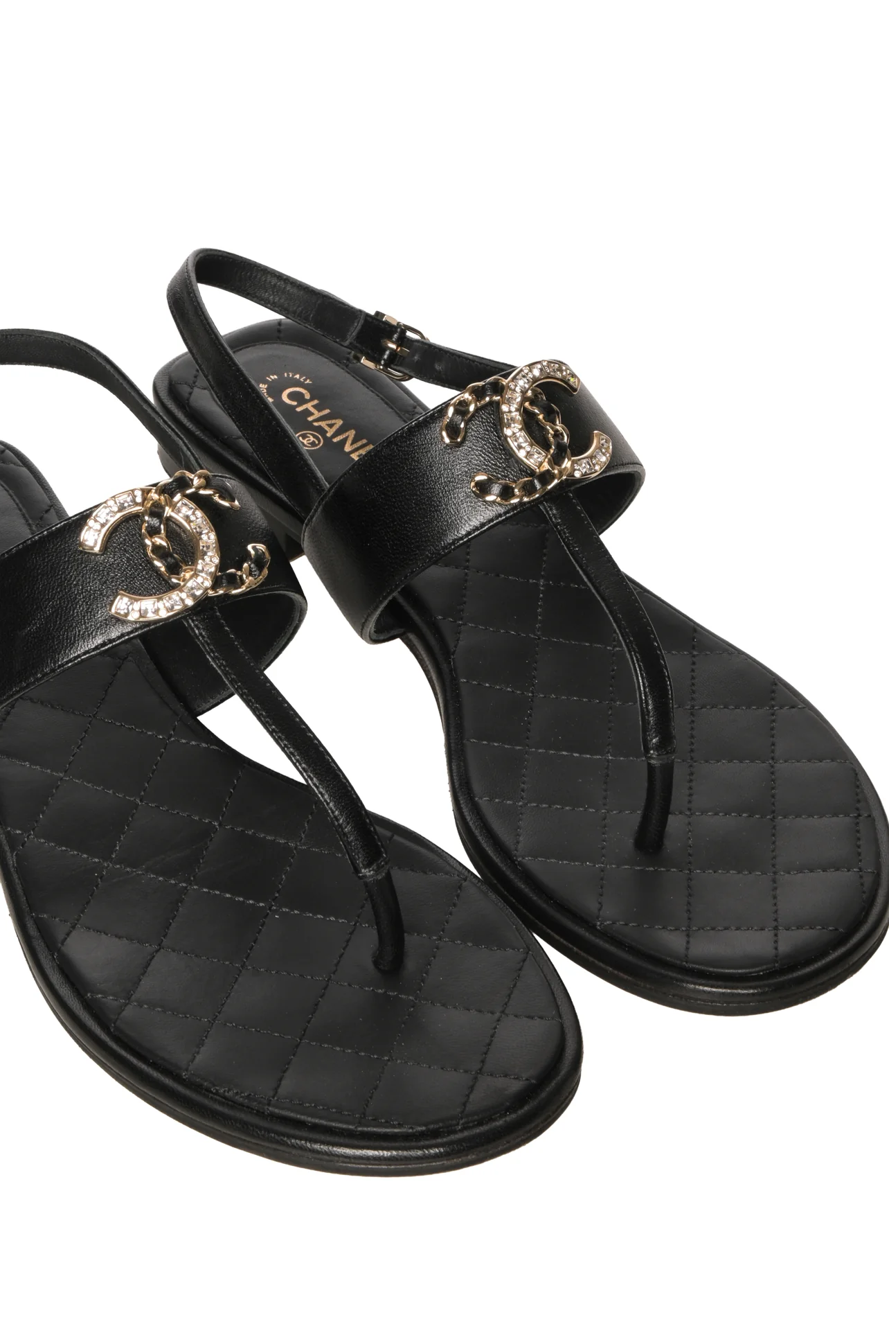 Chanel Size 37.5 Chain & Crystal Interlocking CC Slingback Leather Sandals - Image 4