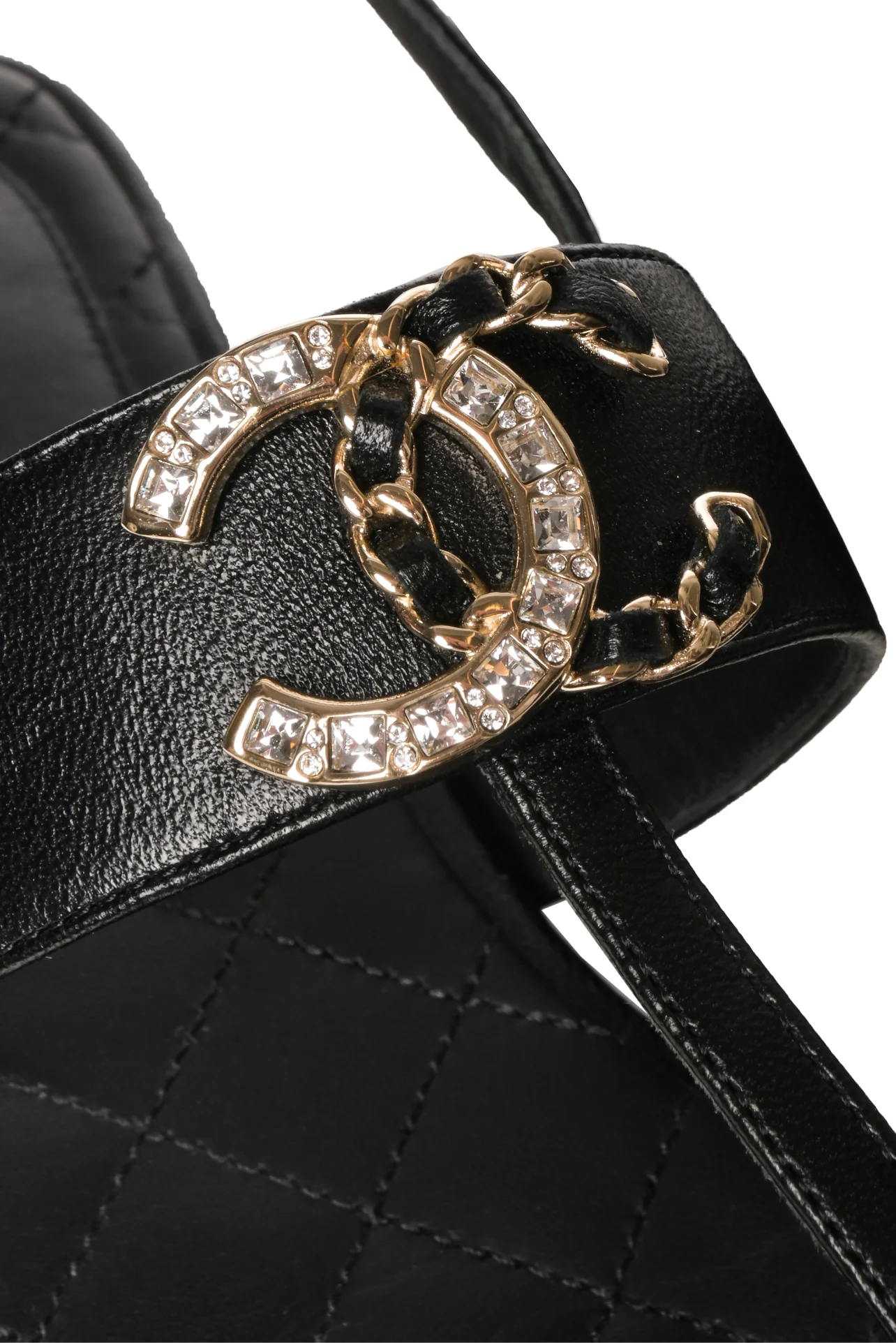 Chanel Size 37.5 Chain & Crystal Interlocking CC Slingback Leather Sandals - Image 5