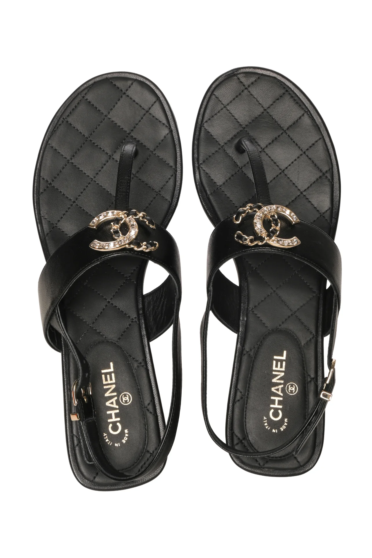 Chanel Size 37.5 Chain & Crystal Interlocking CC Slingback Leather Sandals - Image 7