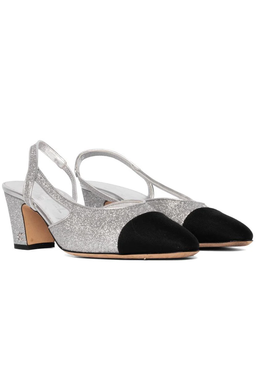 Chanel Size 37 Glitter & Grosgrain Cap Toe Slingback Pumps - Image 2