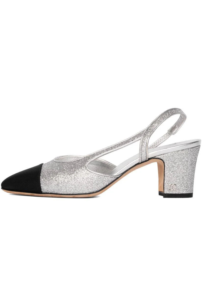 Chanel Size 37 Glitter & Grosgrain Cap Toe Slingback Pumps - Image 3