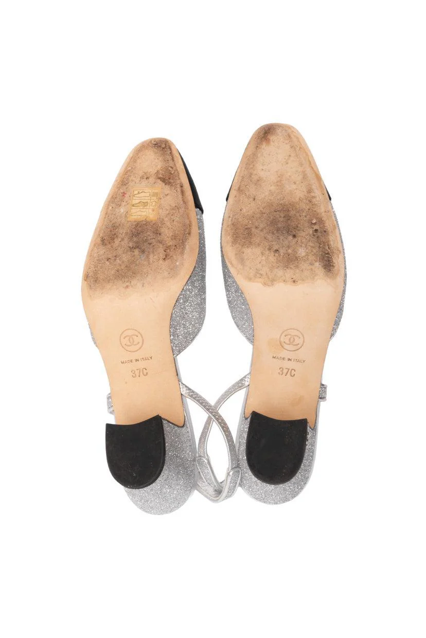 Chanel Size 37 Glitter & Grosgrain Cap Toe Slingback Pumps - Image 5