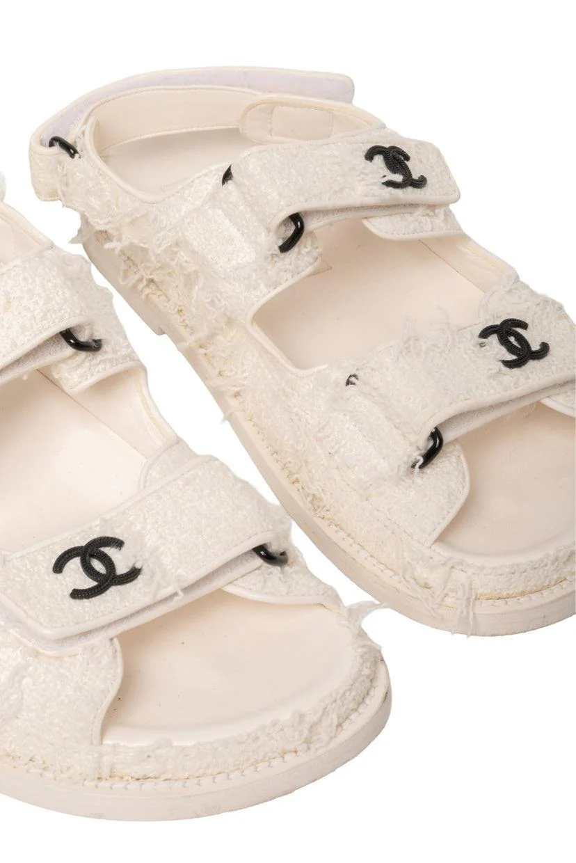 Chanel Size 37 Interlocking CC Logo Tweed Dad Sandals - Image 4