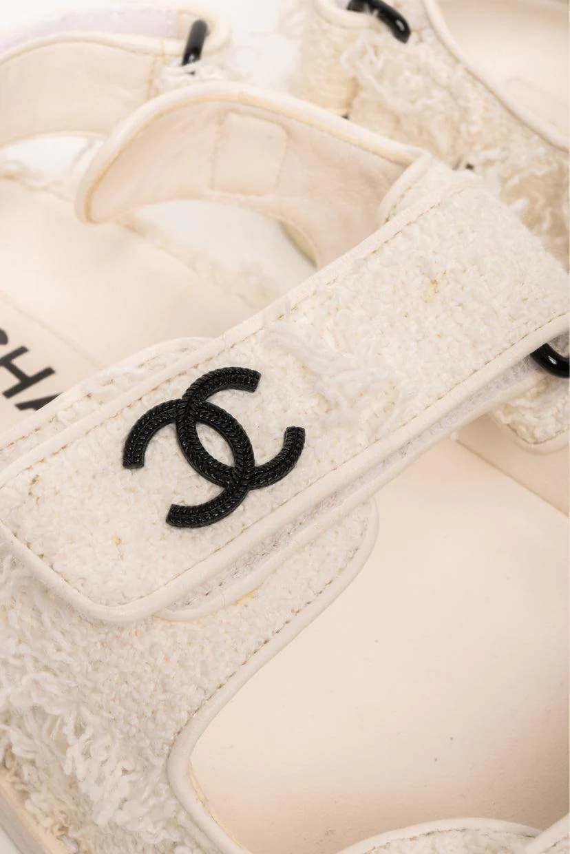 Chanel Size 37 Interlocking CC Logo Tweed Dad Sandals - Image 6