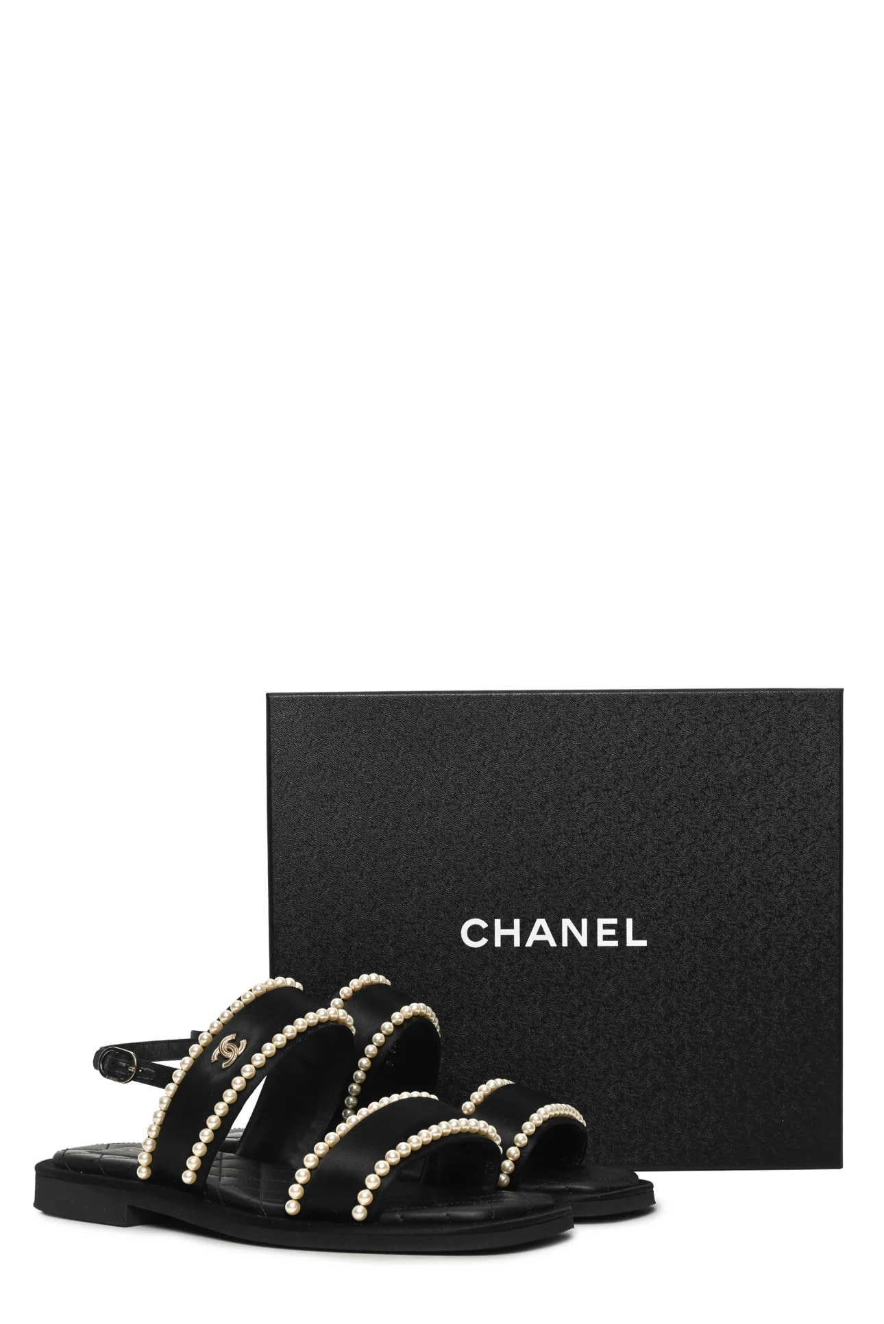 Chanel Size 38.5 2022 Satin & Faux Pearl CC Quilted Sandals - Image 7