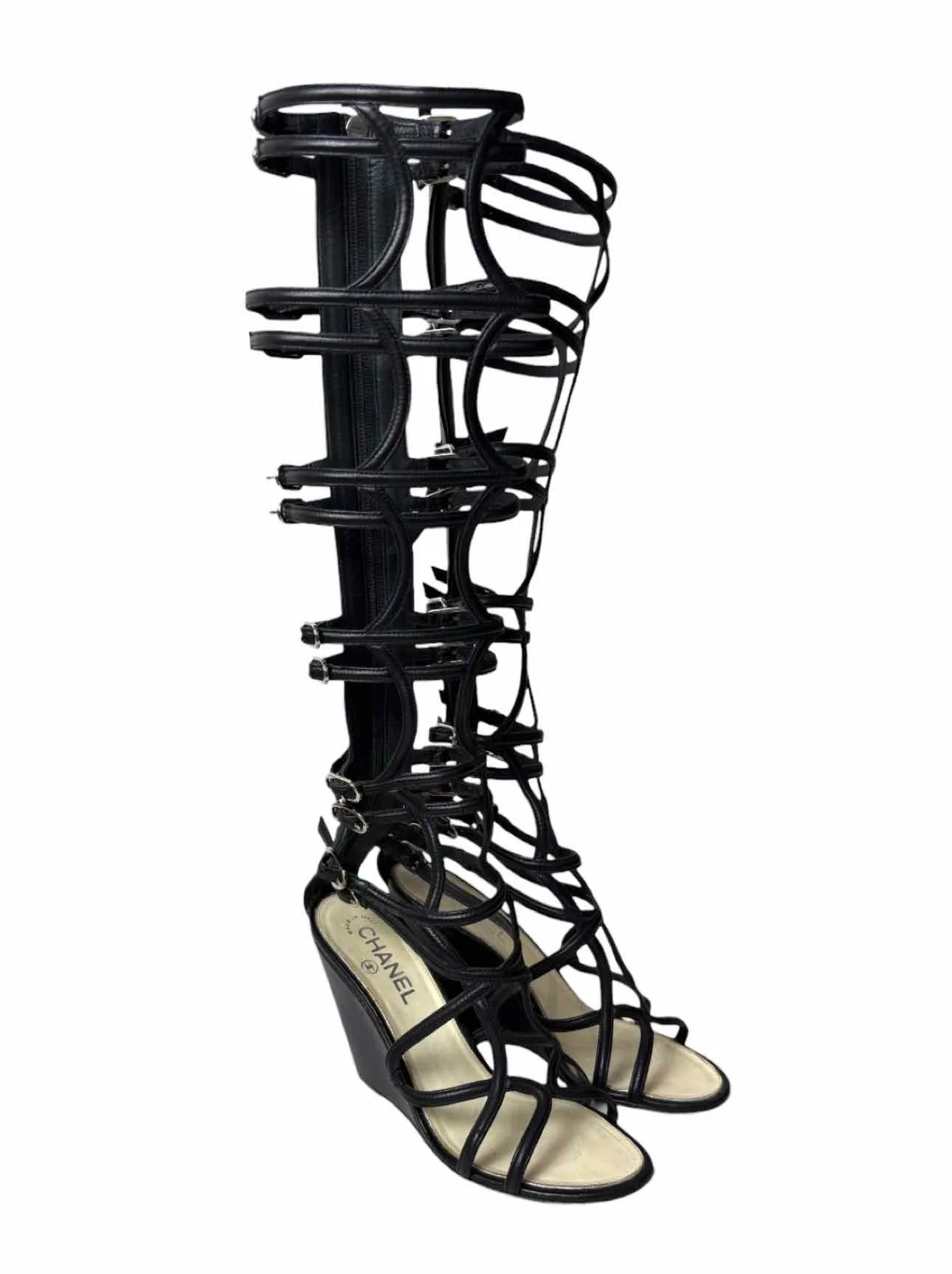 Chanel Size 38 Leather Gladiator Wedge Sandals - Image 2