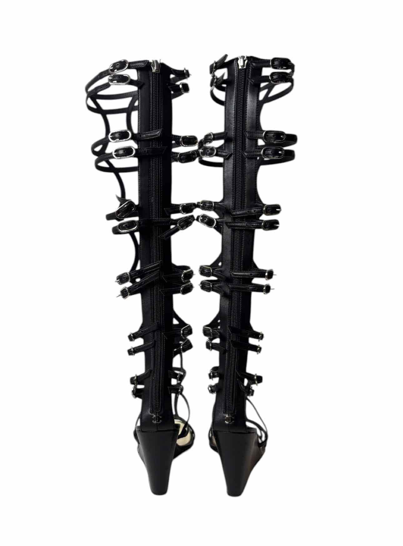 Chanel Size 38 Leather Gladiator Wedge Sandals - Image 4