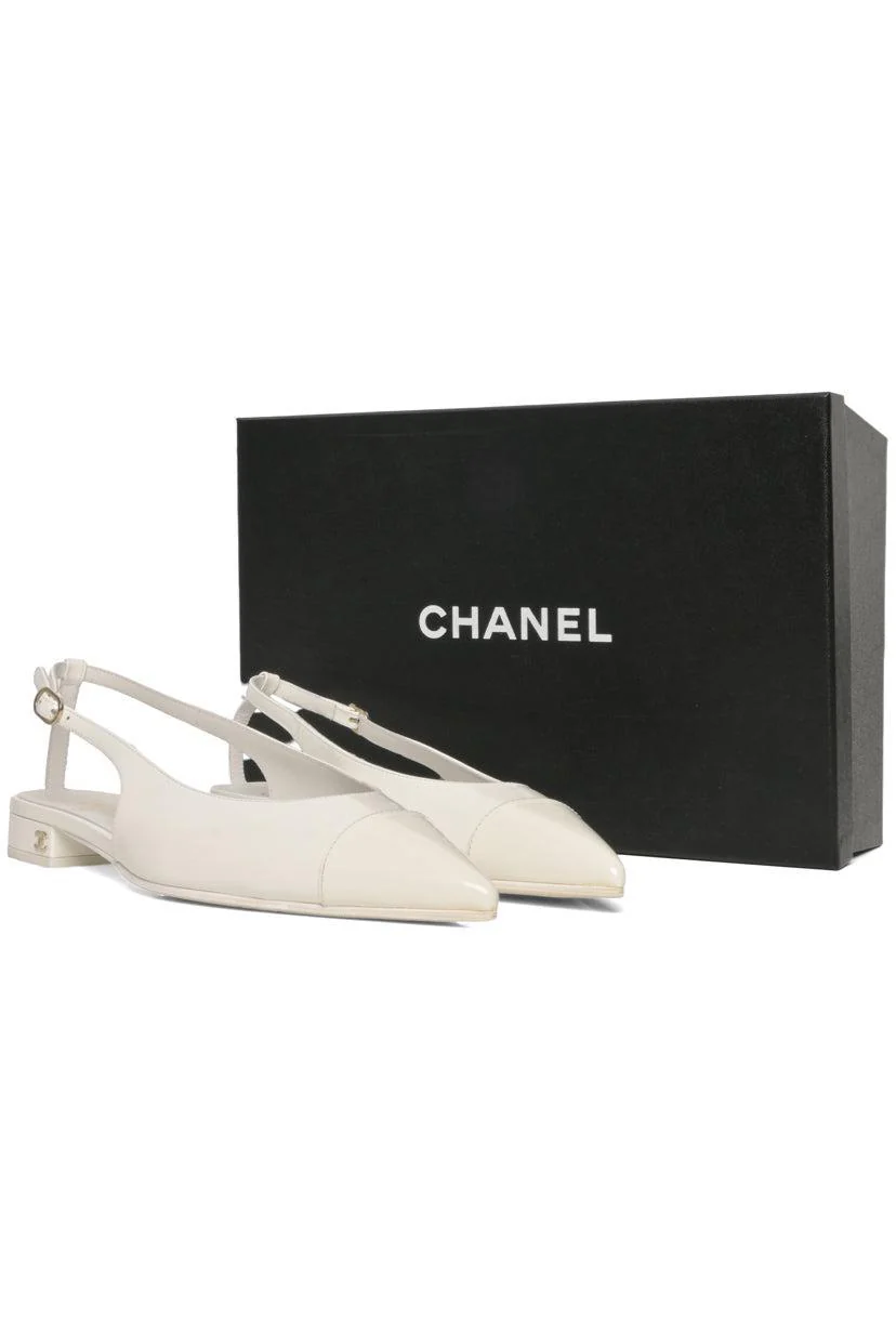Chanel Size 39.5 2023 Interlocking CC Logo Patent Leather Slingback Flats - Image 6