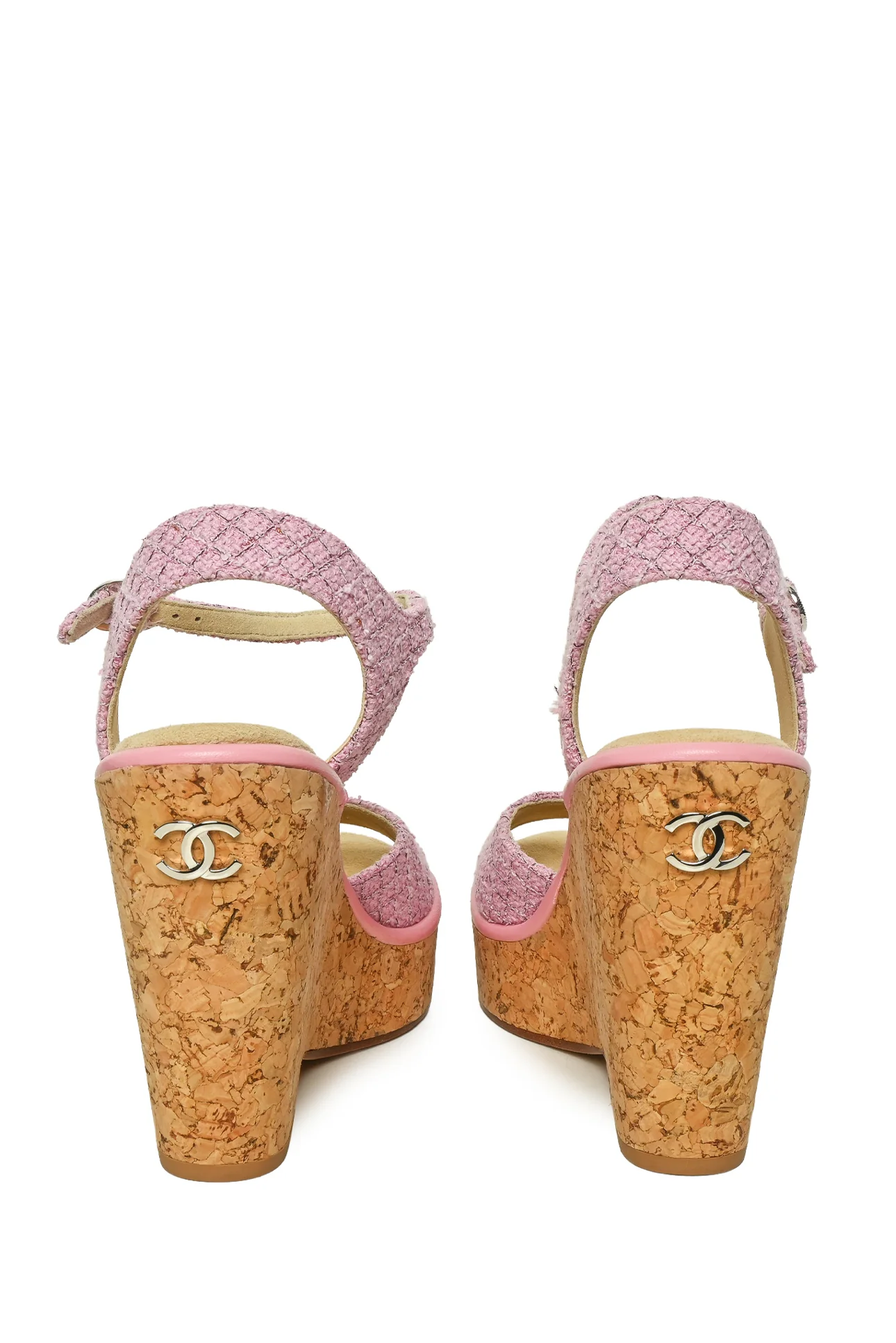 Chanel Size 39 Tweed & Cork CC Wedge Sandals - Image 4