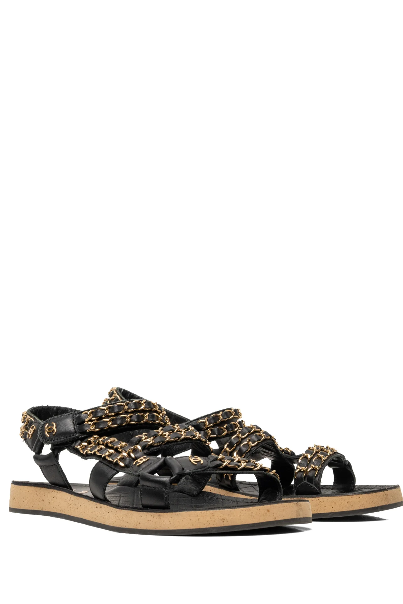 Chanel Size 40 2019 Chain Accent CC Logo Leather & Cork Flat Slingback Sandals - Image 2