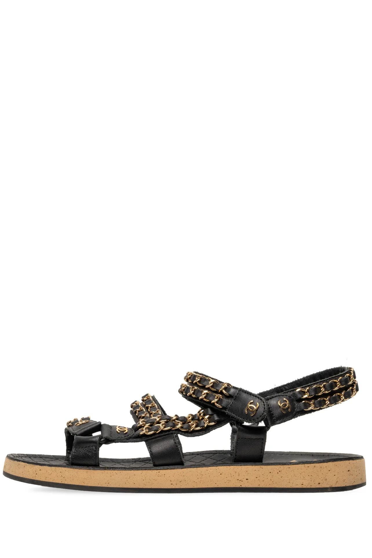 Chanel Size 40 2019 Chain Accent CC Logo Leather & Cork Flat Slingback Sandals - Image 3