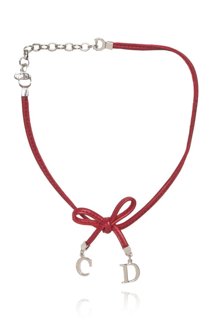 Christian Dior Logo Charm Leather Bow Choker Necklace - Image 2
