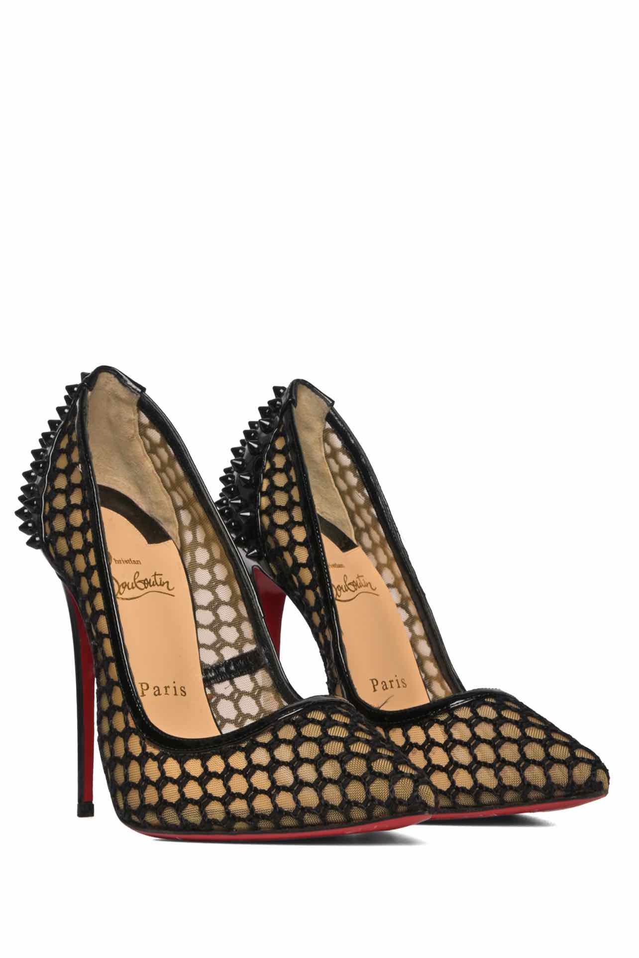 Christian Louboutin Size 39 Spiked Patent Leather & Fishnet Mesh Guni 120 Pumps - Image 2