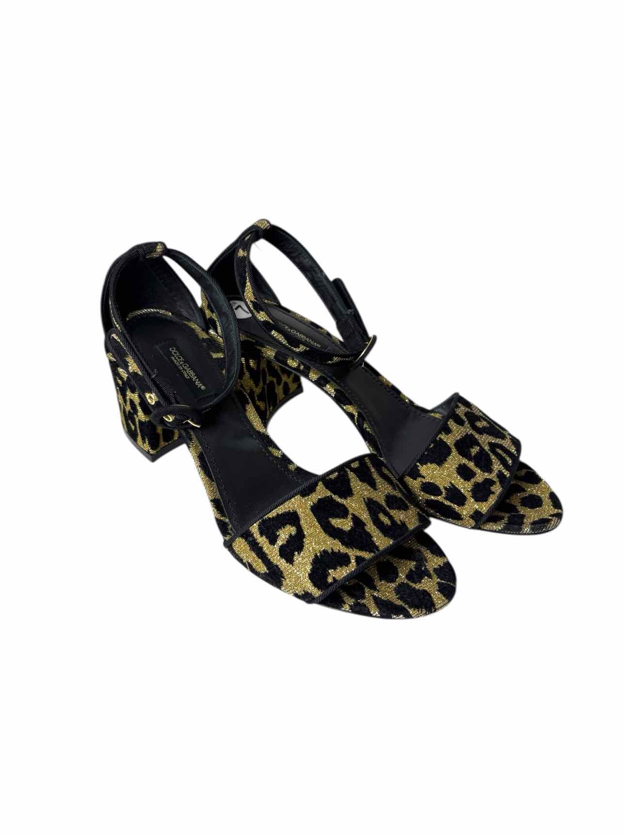 Dolce & Gabbana Size 37 Leopard & Gold Sparkle Sandals - Image 2