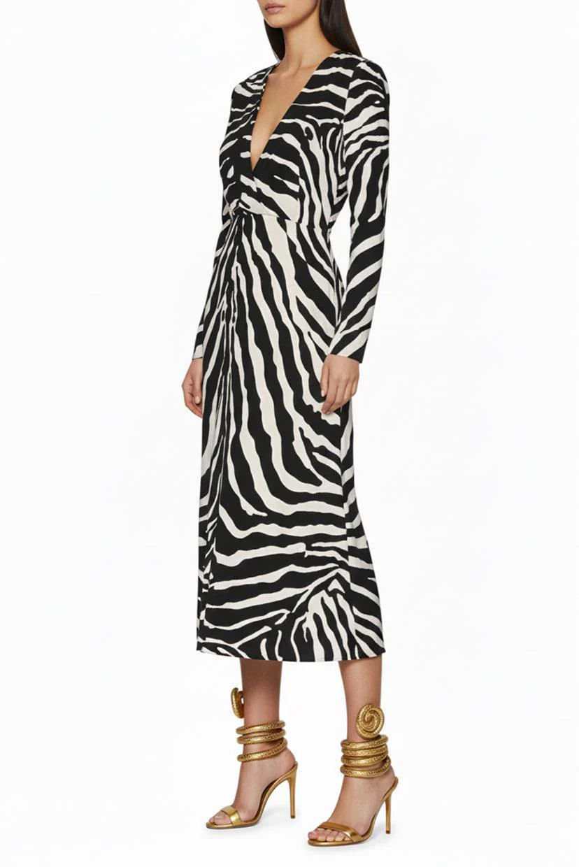 Dolce & Gabbana Size 42 Zebra-Printed V-Neck Midi Dress - Image 2