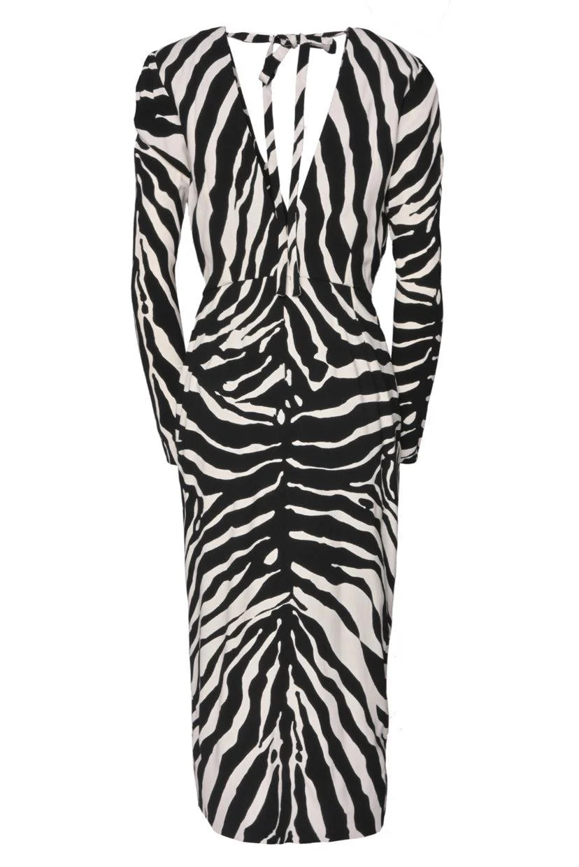 Dolce & Gabbana Size 42 Zebra-Printed V-Neck Midi Dress - Image 3