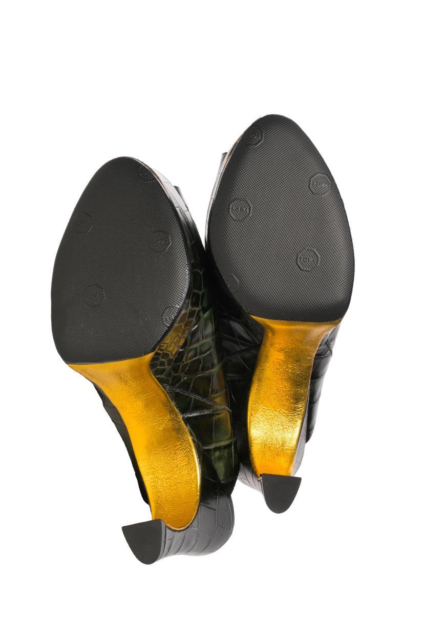 Dries Van Noten Size 40 Croc Embossed Leather Peep Toe Sandals - Image 5