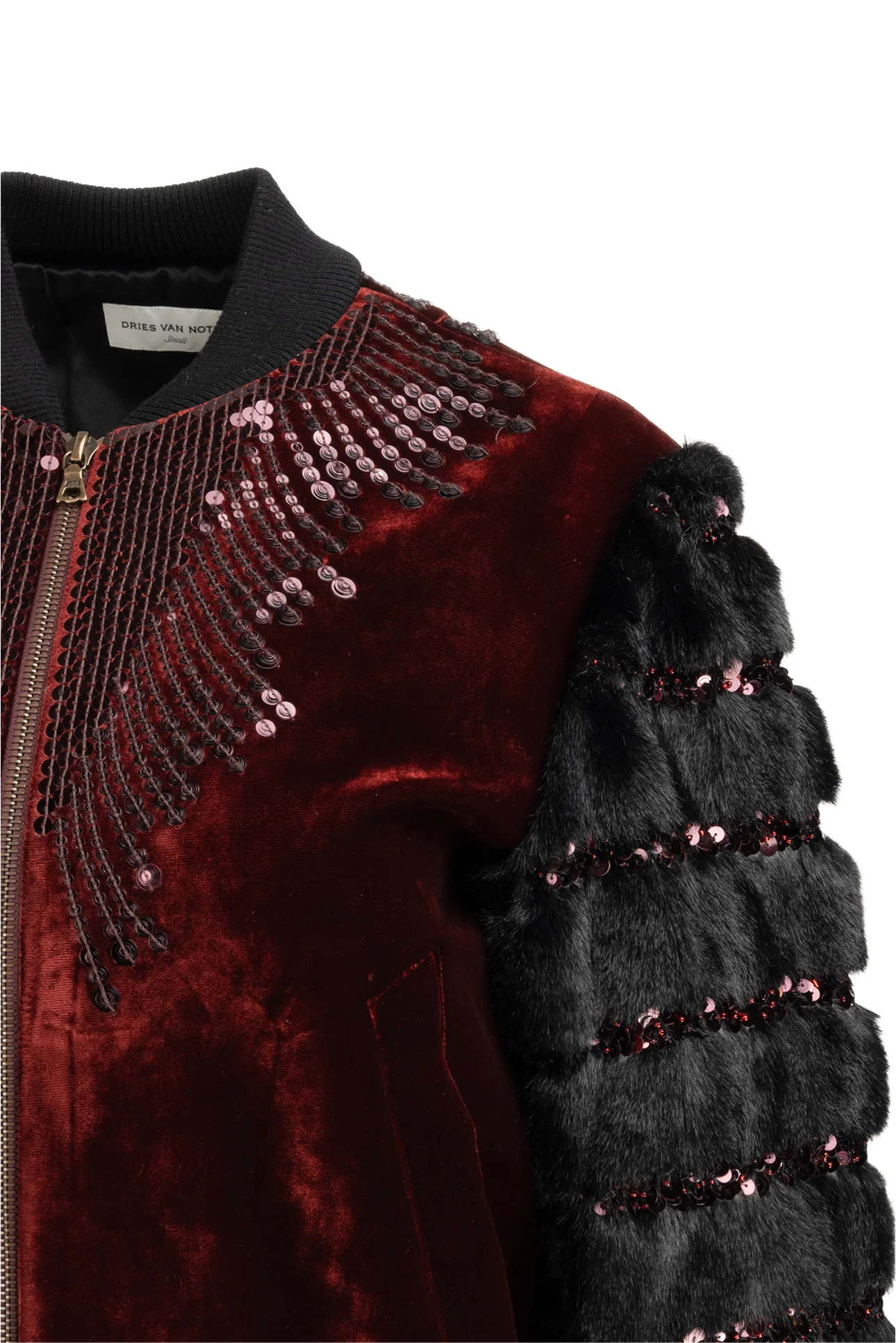 Dries Van Noten Size S Sequin Embellished Velvet & Faux Fur Bomber Jacket - Image 3
