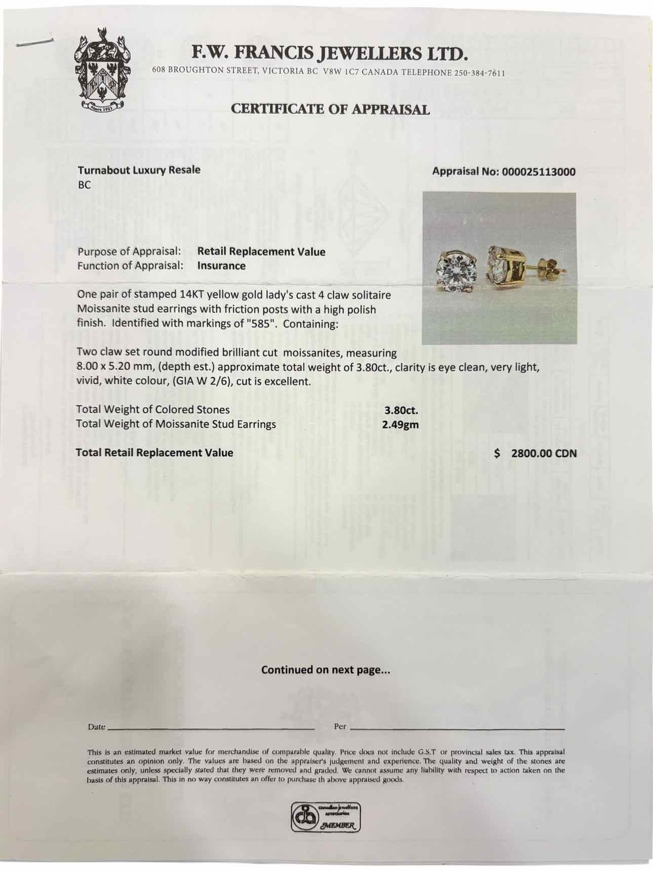 Moissenite 14KT Yellow Gold  Stud Earrings - Image 3
