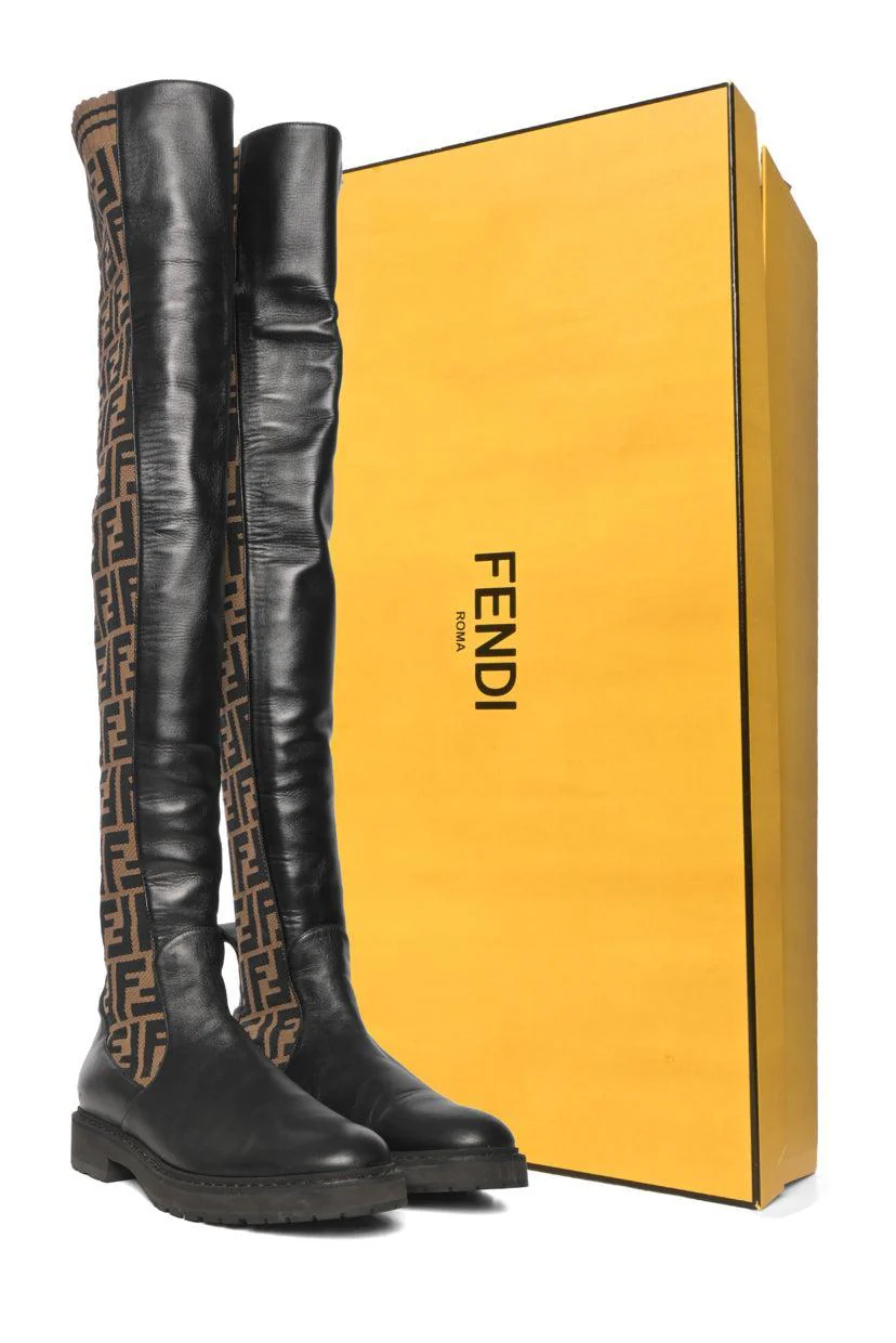 Fendi Size 37 Rockoko FF Zucca Over The Knee Boots - Image 7