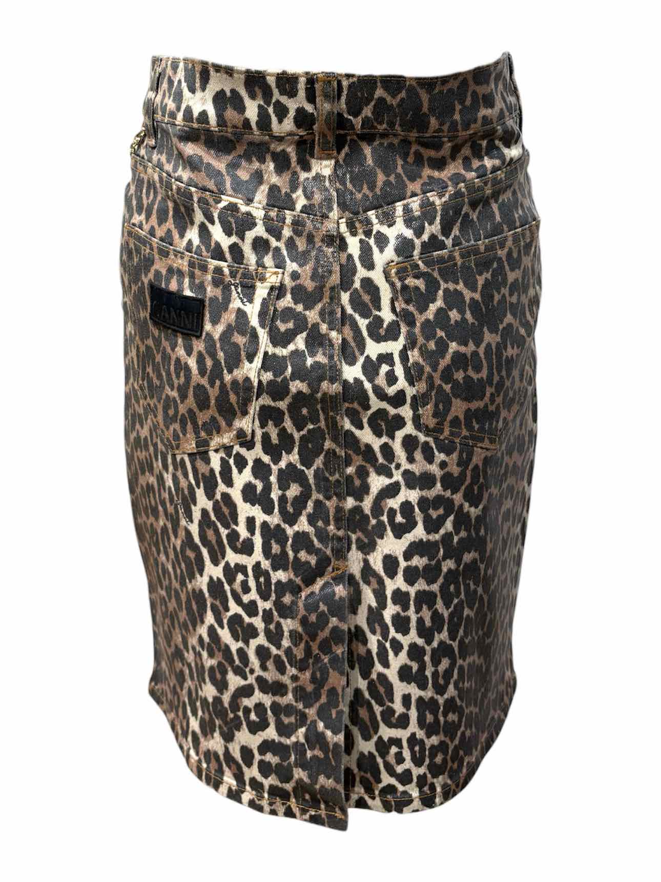 Ganni Size 34 Leopard Print Coated Denim Skirt - Image 2