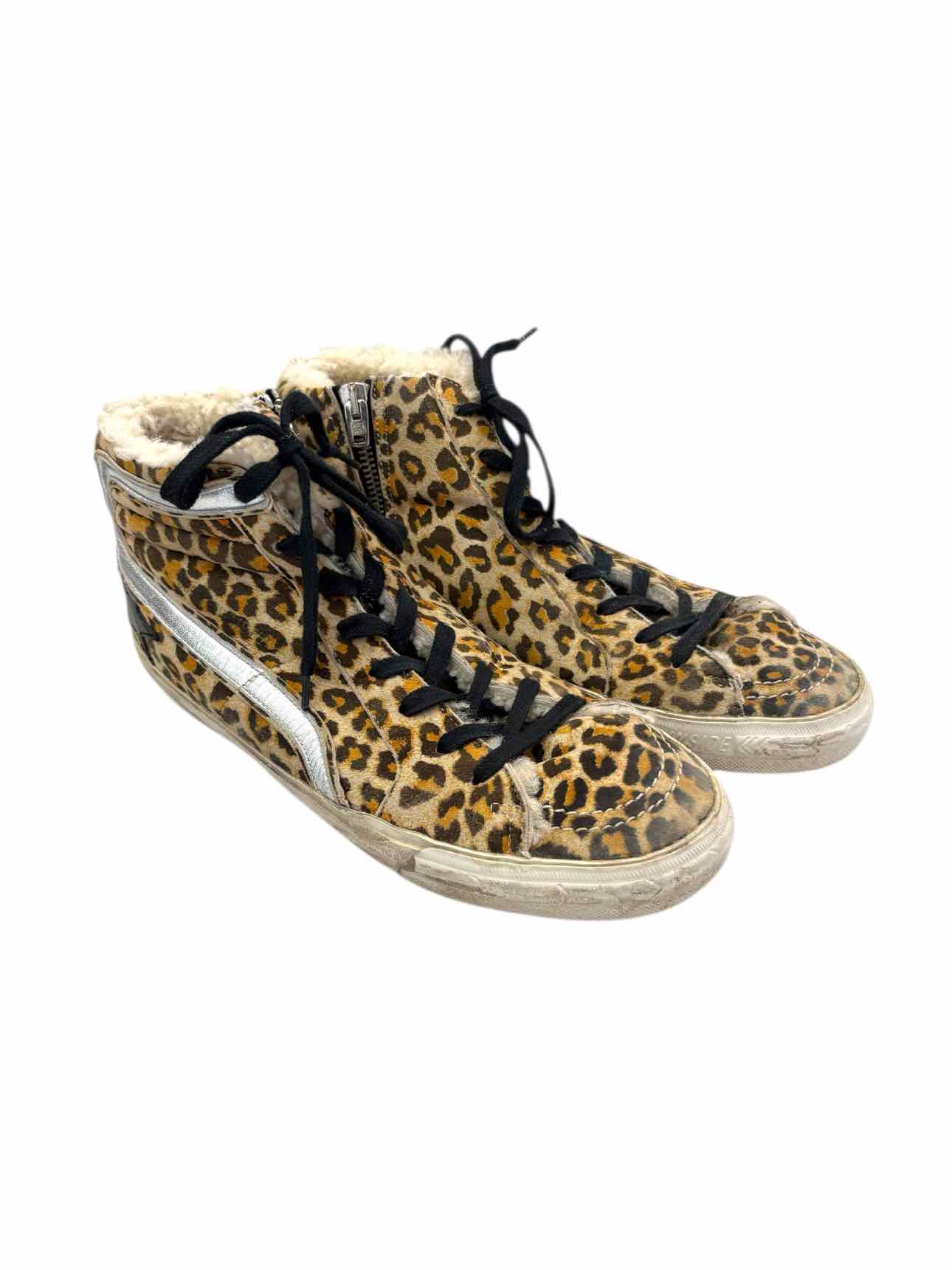 Golden Goose Size Slide Distressed Shearling Lined Leopard Print Suede Sneaker - Image 2