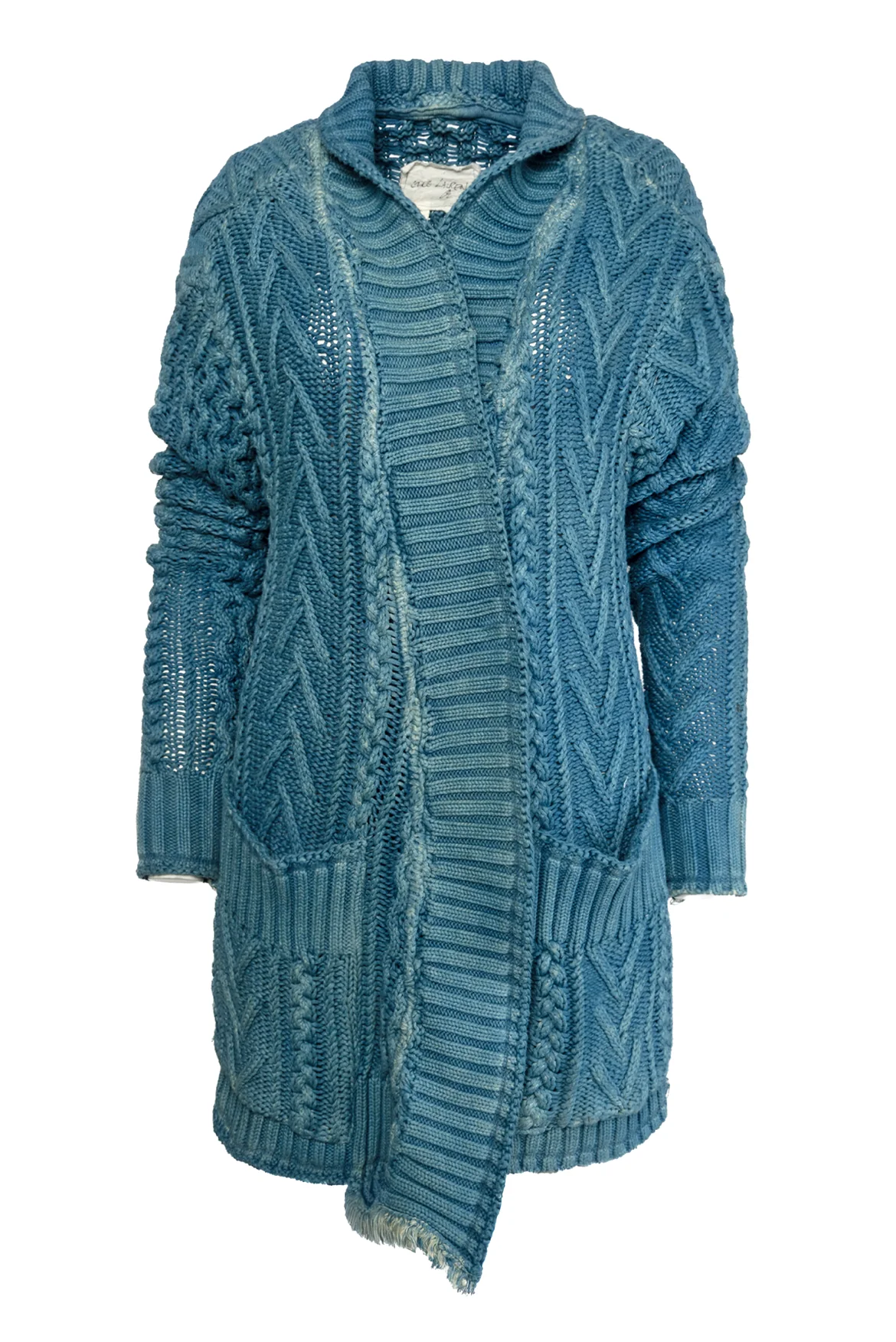 Greg Lauren Size 1 Fisherman Distressed Cotton Cableknit Cardigan