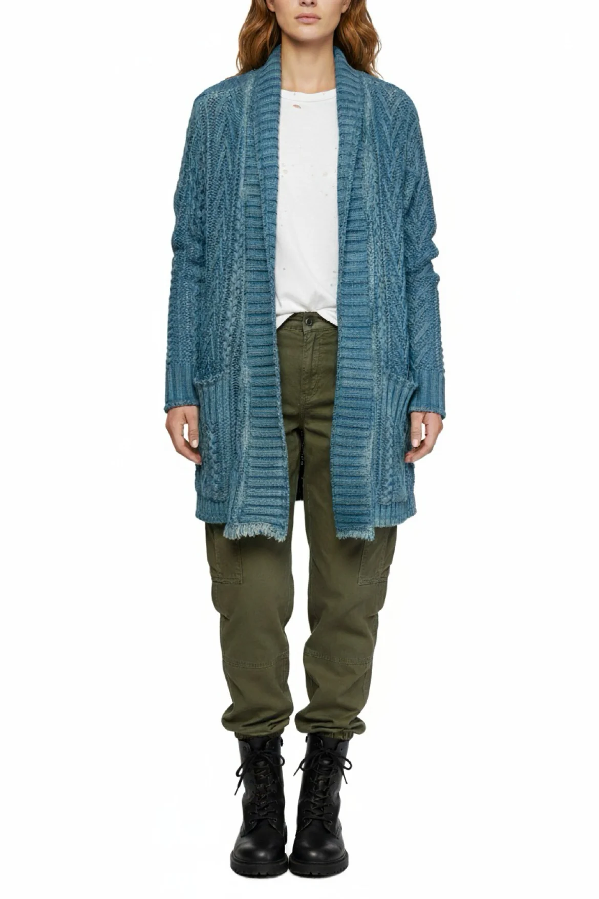Greg Lauren Size 1 Fisherman Distressed Cotton Cableknit Cardigan - Image 2