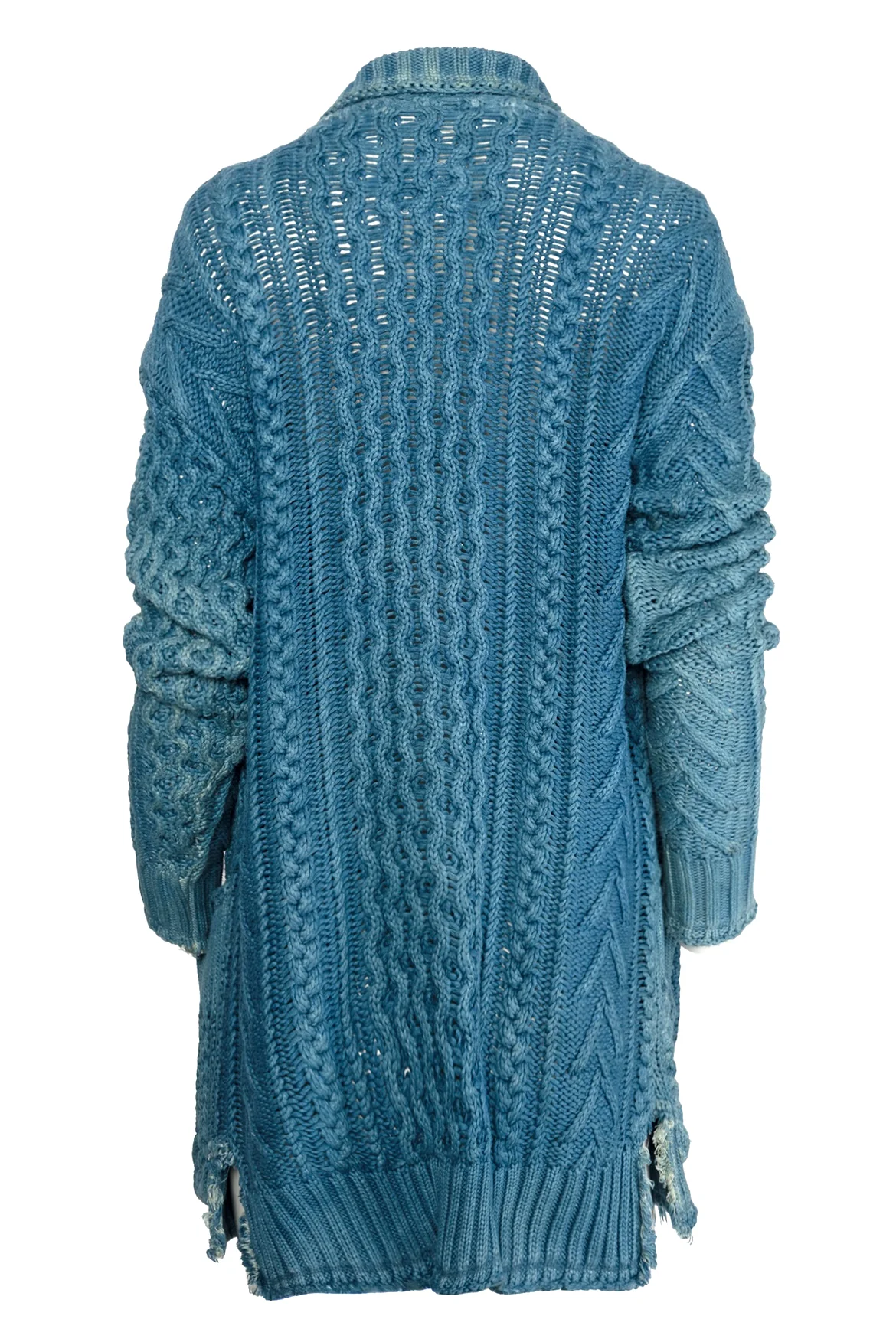 Greg Lauren Size 1 Fisherman Distressed Cotton Cableknit Cardigan - Image 3