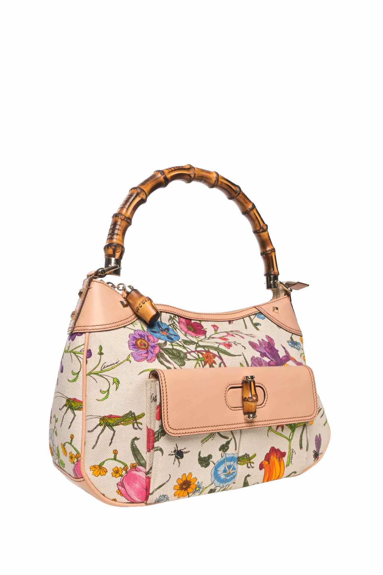 Gucci Flora Canvas Nailhead Bamboo Handle Bag - Image 2