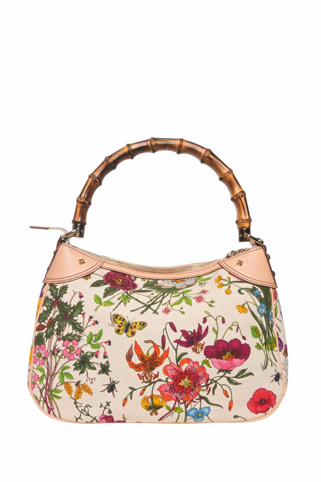 Gucci Flora Canvas Nailhead Bamboo Handle Bag - Image 4