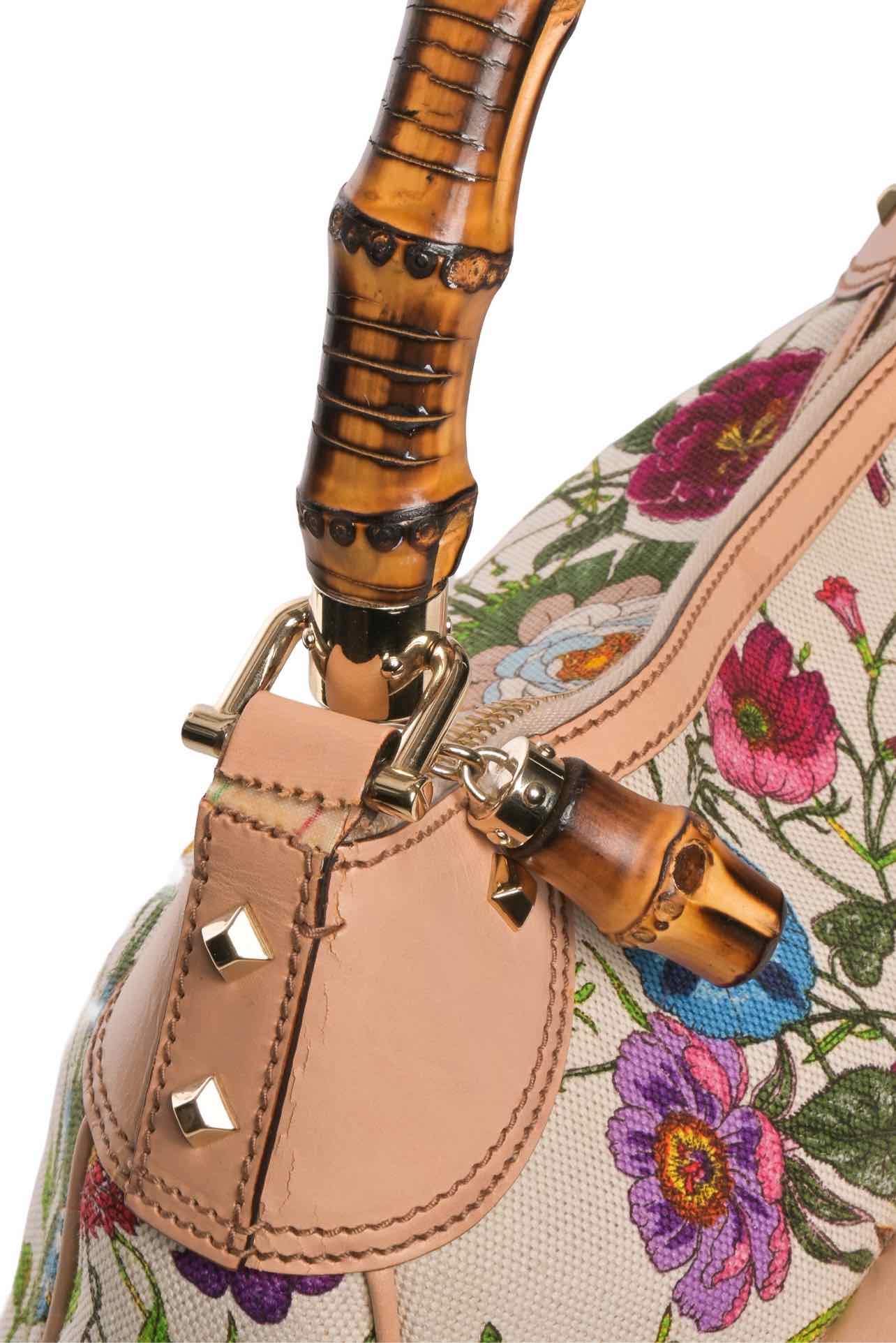 Gucci Flora Canvas Nailhead Bamboo Handle Bag - Image 5