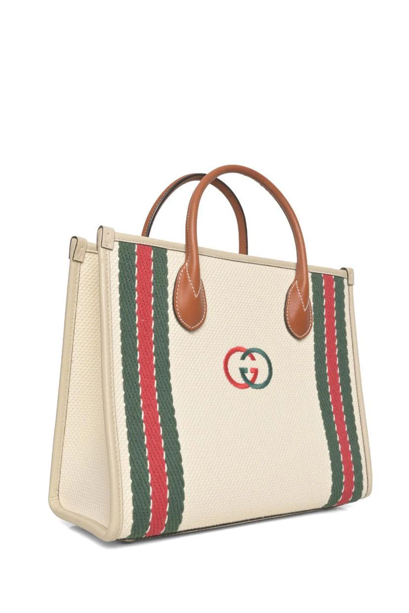 Gucci Interlocking G Embroidered Web Trim 2way Canvas Tote - Image 2
