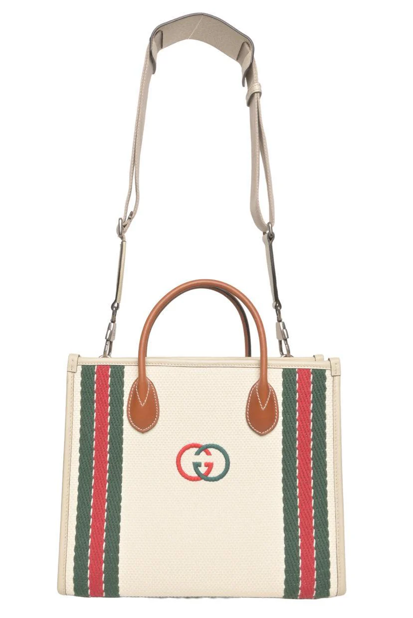 Gucci Interlocking G Embroidered Web Trim 2way Canvas Tote - Image 7