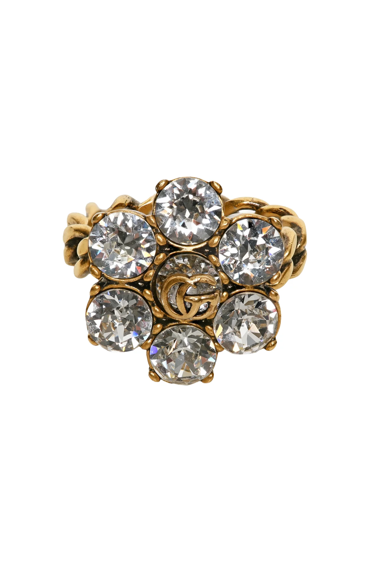 Gucci Size 8 Aged Gold Tone Metal Crystal Double G Flower Ring